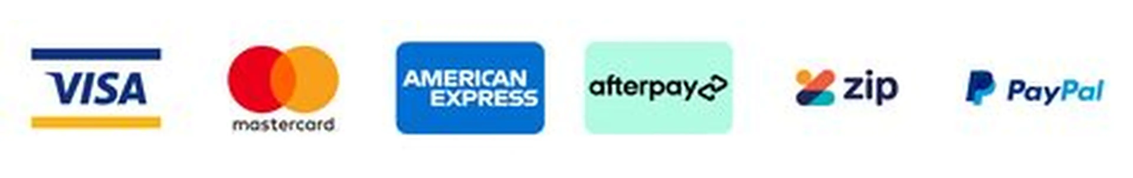 Secure payment: Visa, Mastercard, American Express, Afterpay, Zip, PayPal